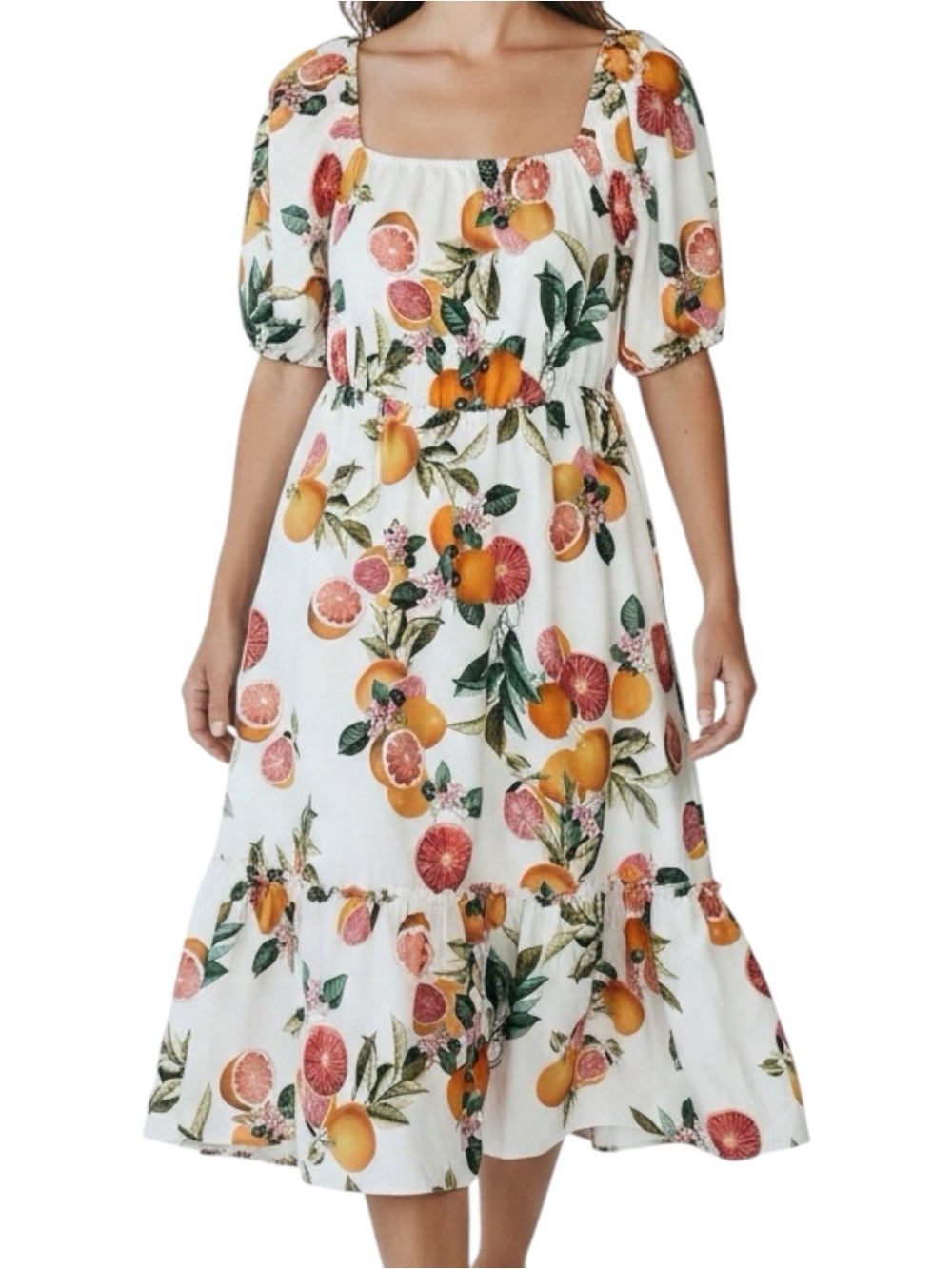 BloomChic Citrus Floral Print Puff Sleeve Ruffled MaxiMidi w/Pockets Dress 14-16